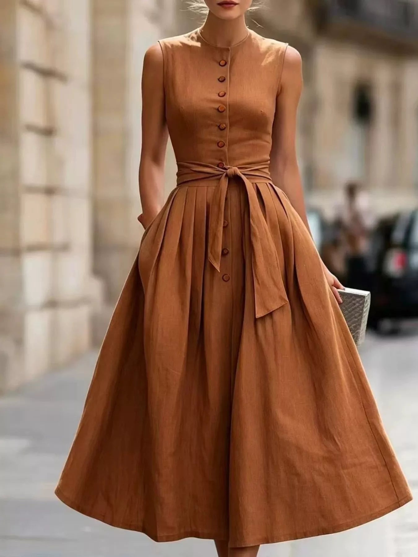 Sleeveless Button-Front Belted Midi Dress Simmer & Fay Caramel Color S