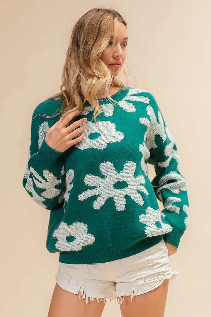 Flower Pattern Long Sleeves Sweater Top BiBi