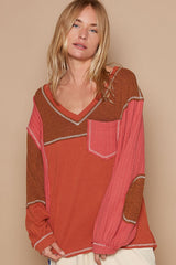 Relaxed V-Neck Knit Panel Exposed Seam Top POL Brick S 