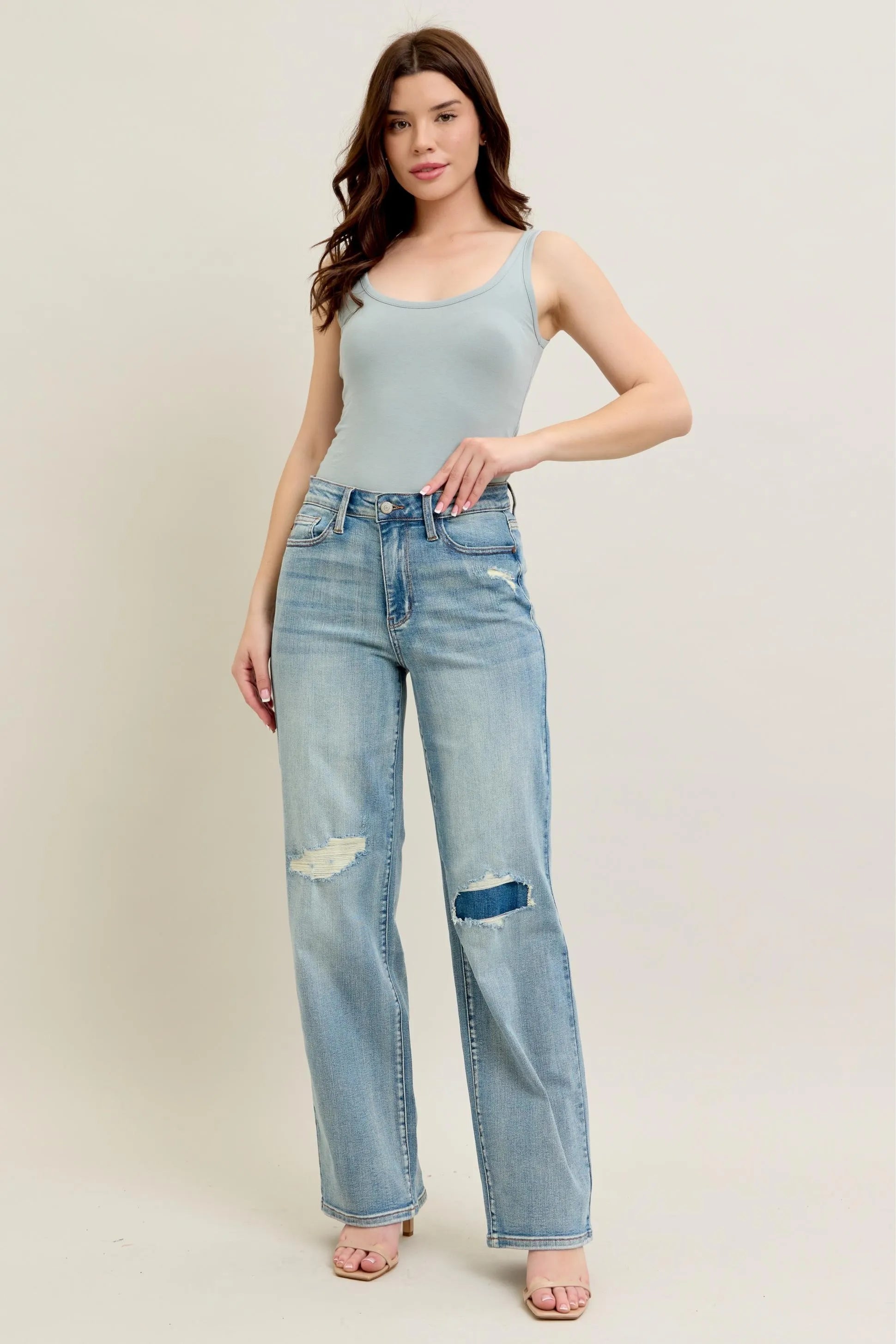 High Waisted Destroy & Knee Patch Straight Jeans With Plus Size Judy Blue