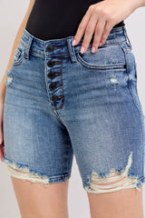 Button Fly Mid Length Denim Distressed Shorts Judy Blue MD S