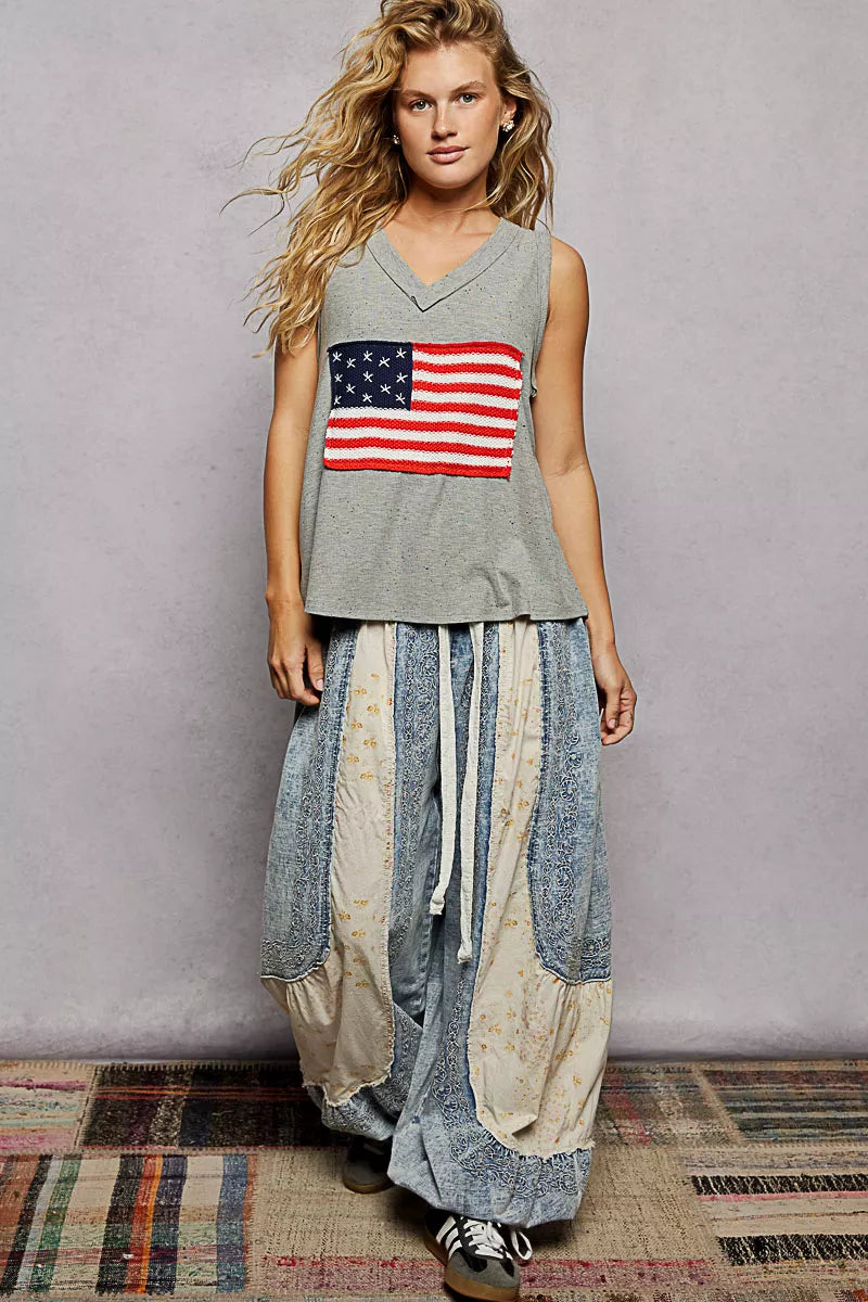 POL V-Neck Ribbed Tank with American Flag Patch and Star Back Patch Trendsi