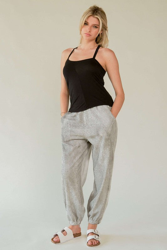 Rhinestone Elastic Waist Joggers Davi & Dani