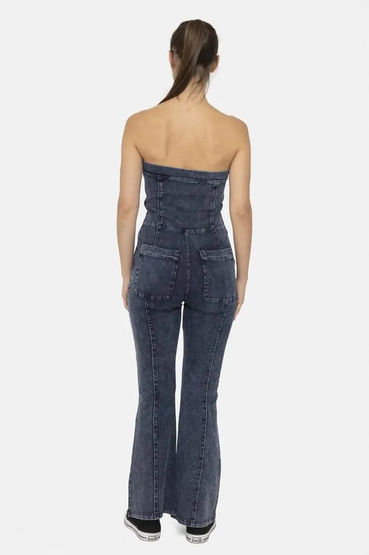 Cotton Blend Strapless Flared Jumpsuit Mono B
