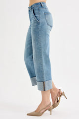 Tummy Control High Rise Ankle Wide Cuffed Jeans With Plus Size Risen