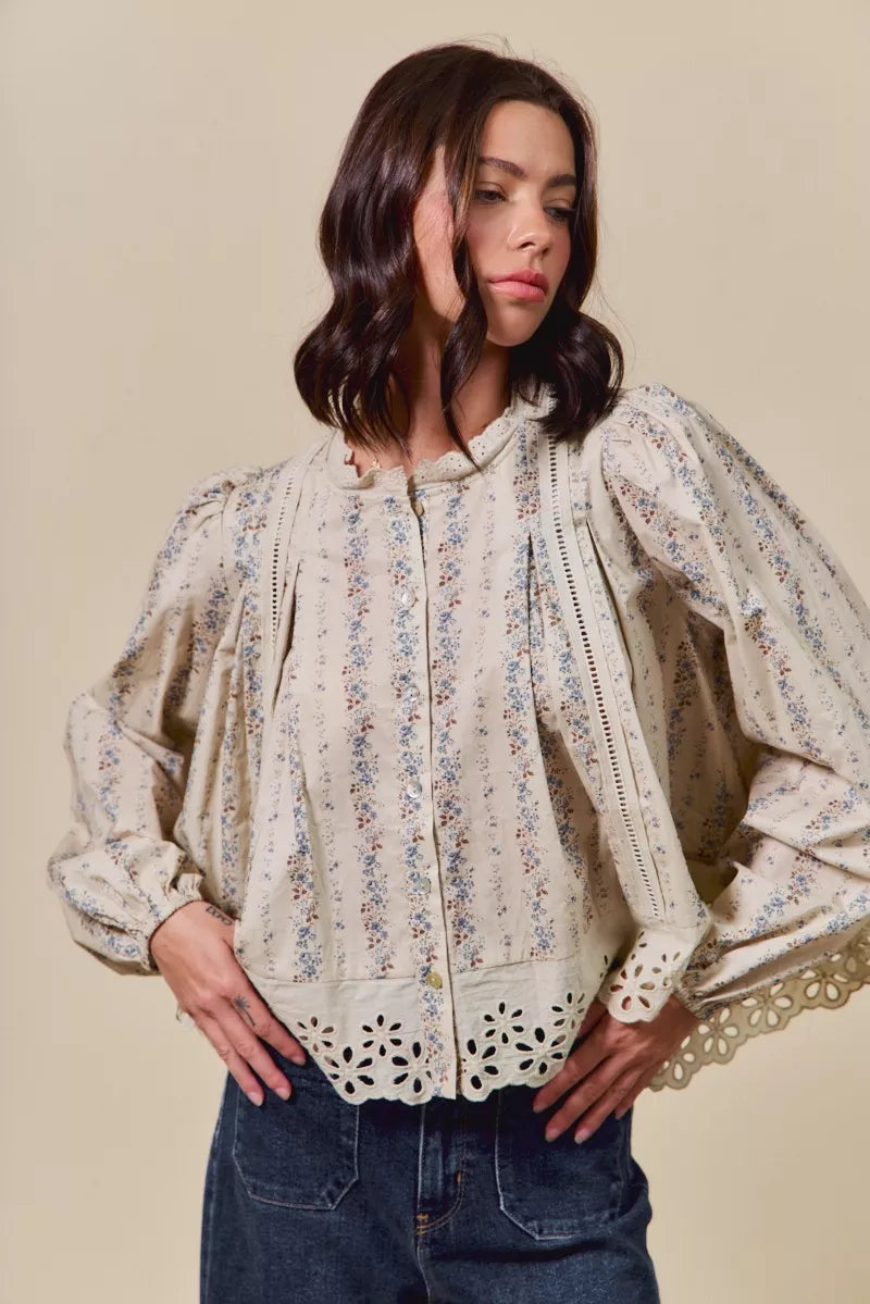 Floral Print Lace Button Down Shirt So Me