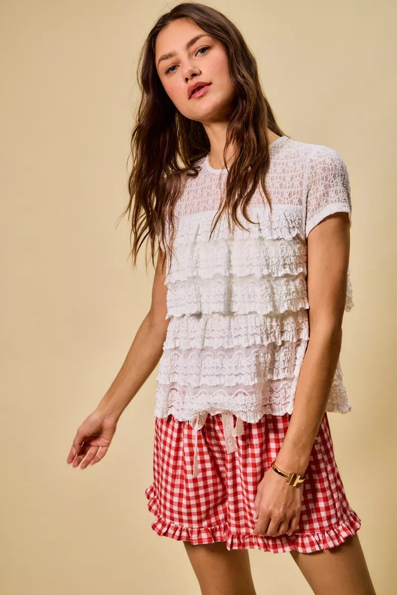 Ruffle Tiered Stretch Lace Short Sleeves Knit Top So Me