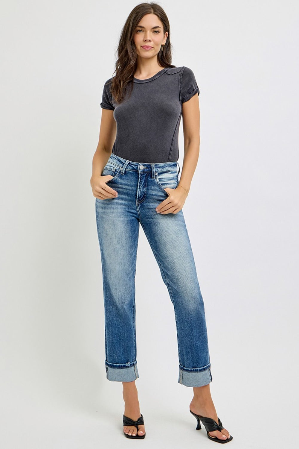 High Rise Crop Straight Roll Up Jeans Risen   