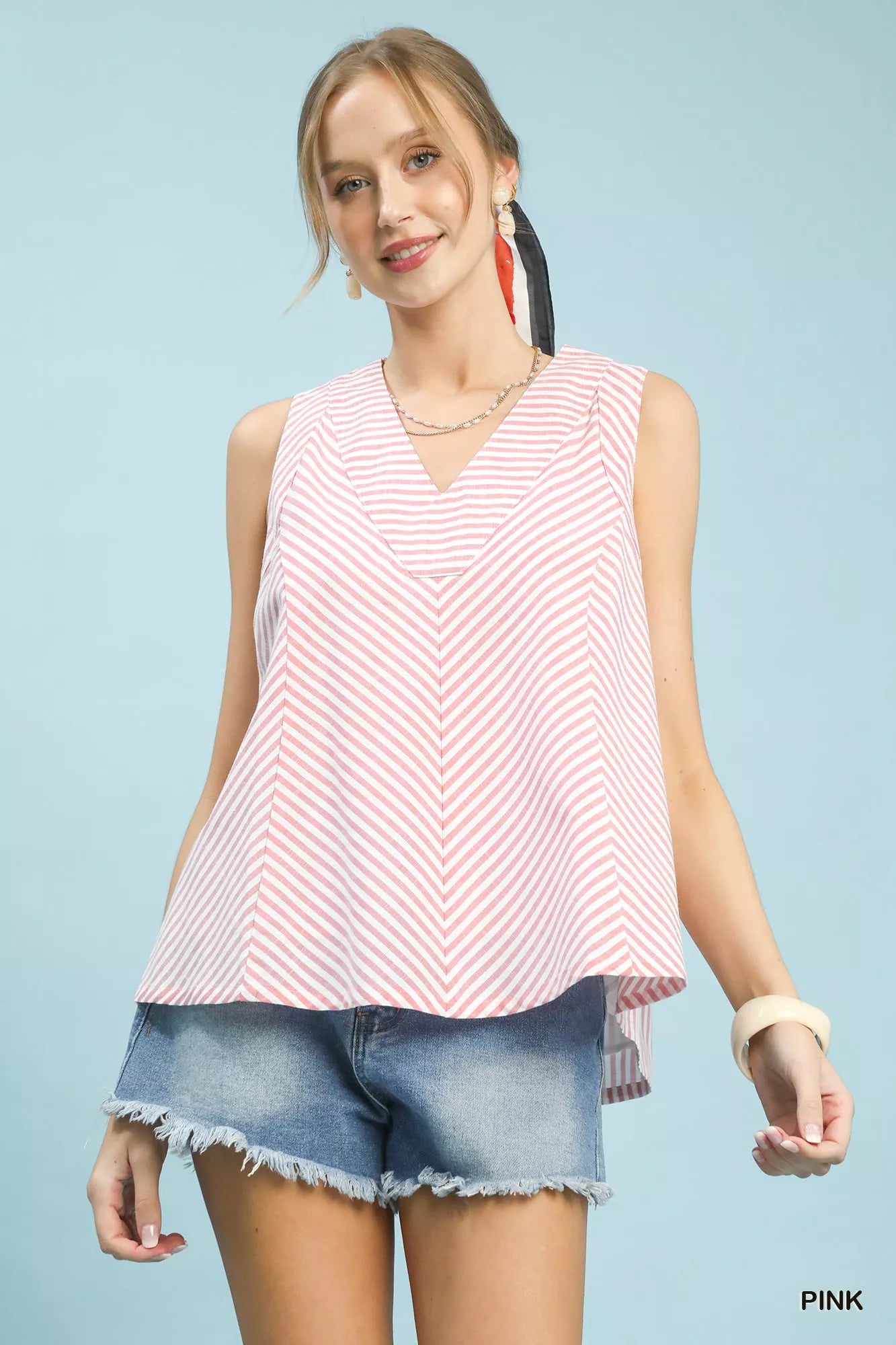Umgee Mixed Stripe Sleeveless V-Neck Top Trendsi PINK S