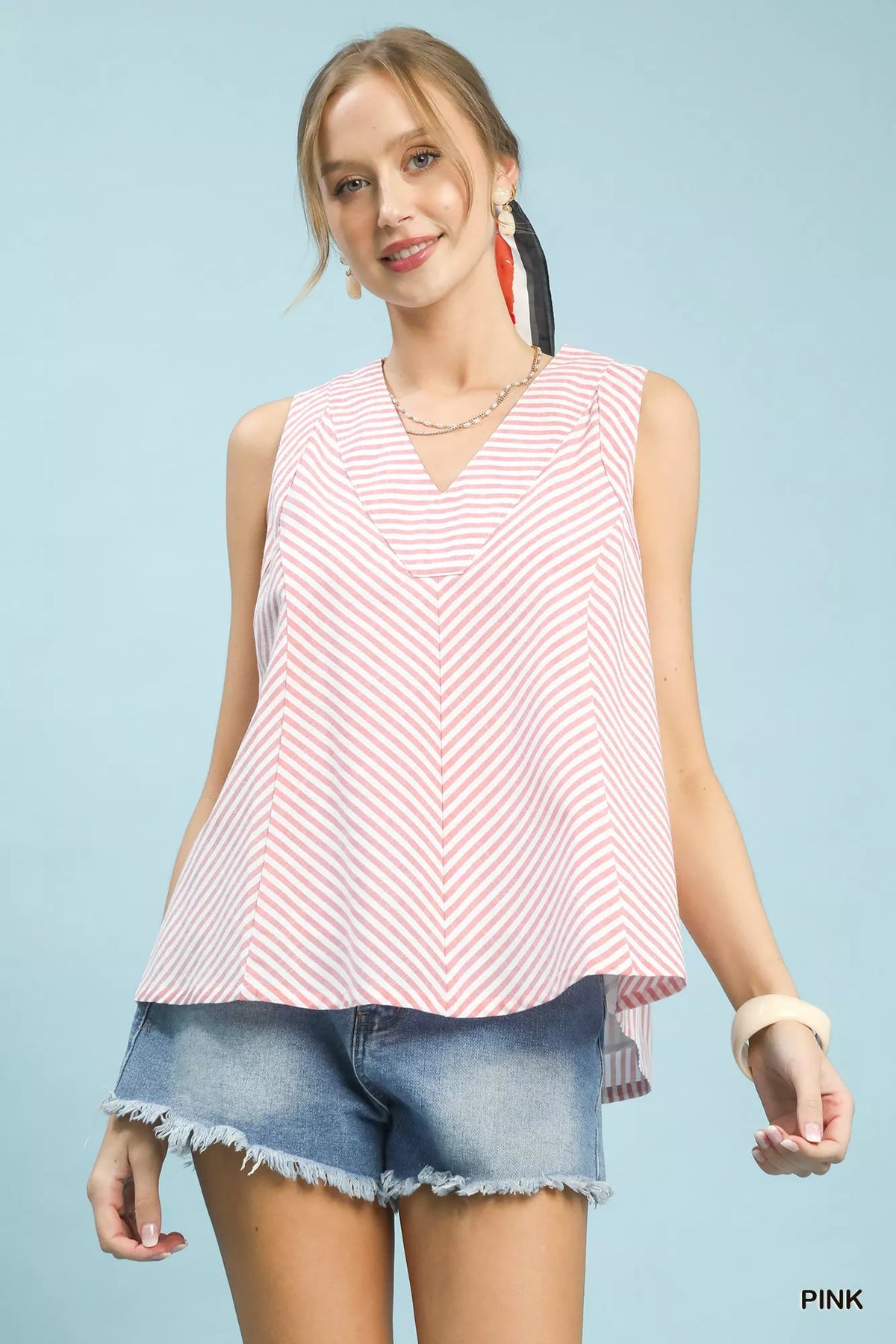 Umgee Mixed Stripe Sleeveless V-Neck Top Trendsi PINK S