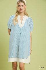 Pinstripe Shift Dress with Contrast Trim Umgee BLUE S
