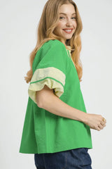 Contrast Trim Notched Puff Sleeve Blouse Umgee