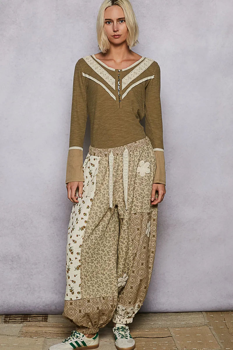 Ribbed Half Button Lace Detail Knit Top POL