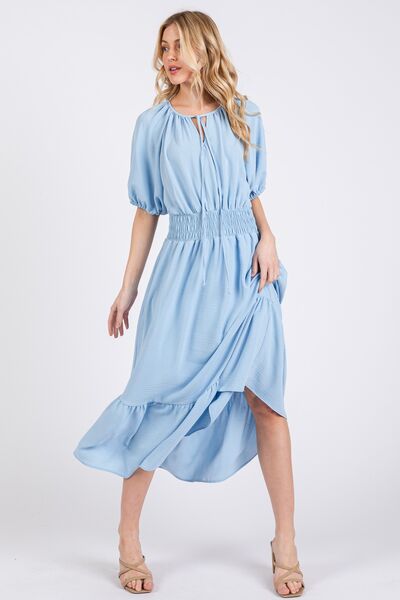 Smocked Elastic Waist Tie Neck Puff Sleeve Dress Ces Femme