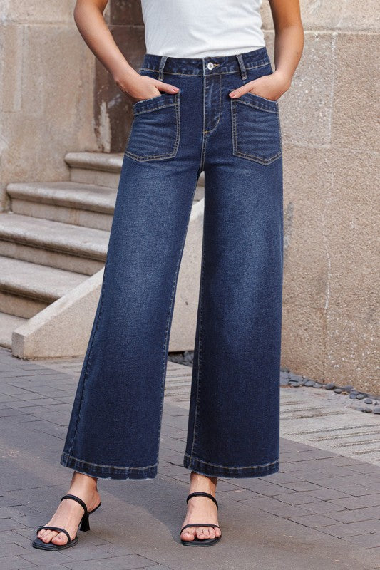 Denim High Waist Patch Pocket Straight Leg Jeans JUNIPER BLVD