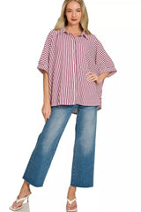 Oversized Stripe Button Down Shirt ZENANA