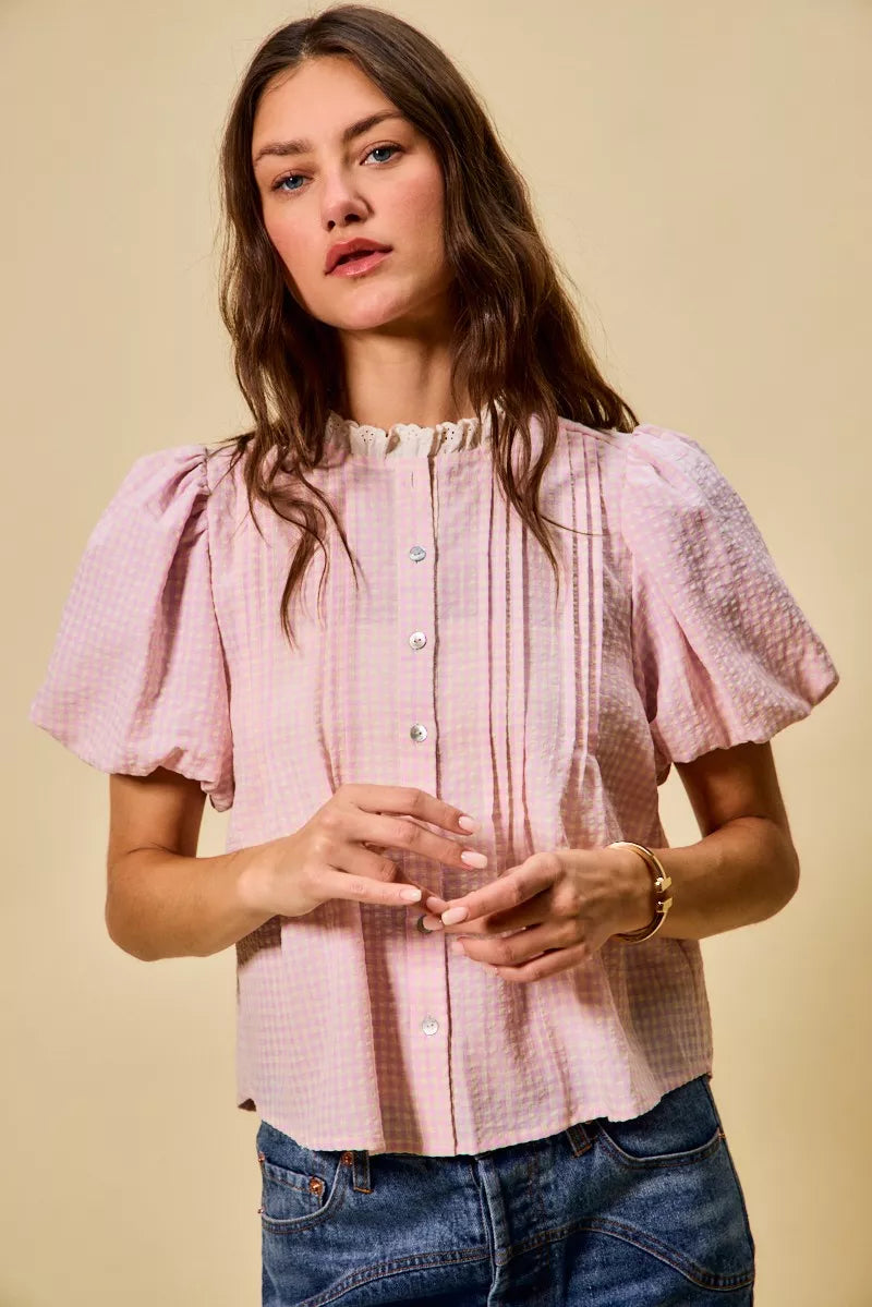 Gingham Lace Trim Button Bubble Sleeves Blouse So Me PINK S