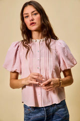 Gingham Lace Trim Button Bubble Sleeves Blouse So Me PINK S