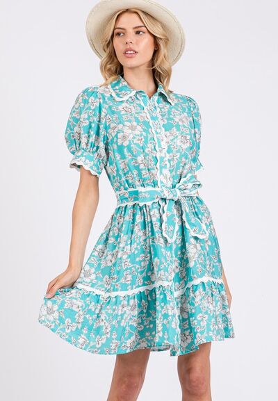 Vintage Floral Scalloped Mini Shirt Dress Sage + Fig