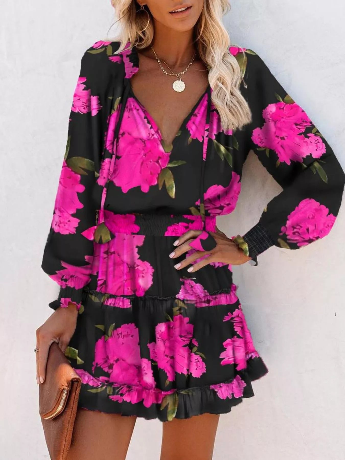 Tie Neck Lantern Sleeve Dress Simmer & Fay