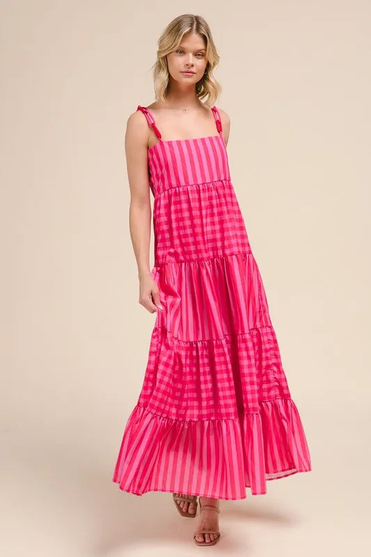 Stripe Tiered Maxi Dress with Colorful Chain Strap So Me