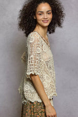 V-Neck Crochet Top with Scalloped Hem POL