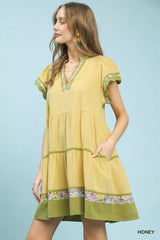 Linen Tiered Flutter Sleeve Dress with Floral Trim Umgee