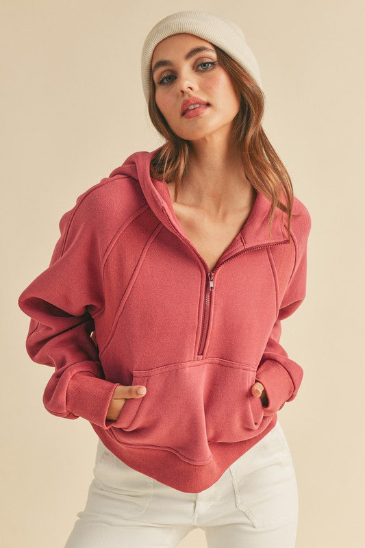 Half Zip Raglan Sleeve Hoodie with Kangaroo Pocket Aemi + Co Deep Rose S