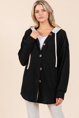 Textured Button Down Drawstring Hooded Shacket BomBom Black S