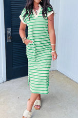 Stripe Collared V Neck Short Sleeve T Shirt Midi Dress with Pockets Simmer & Fay