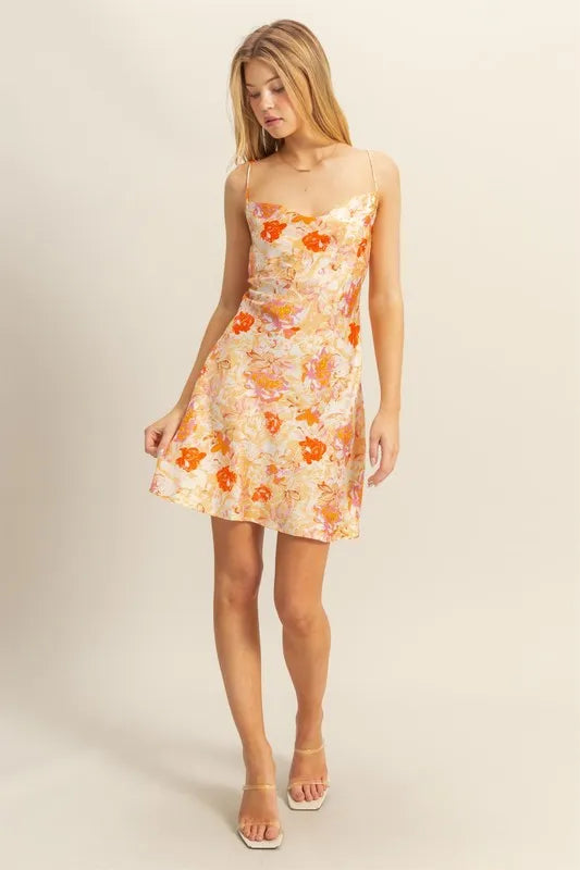Floral Cowl Neck Flirty Satin Mini Dress HYFVE