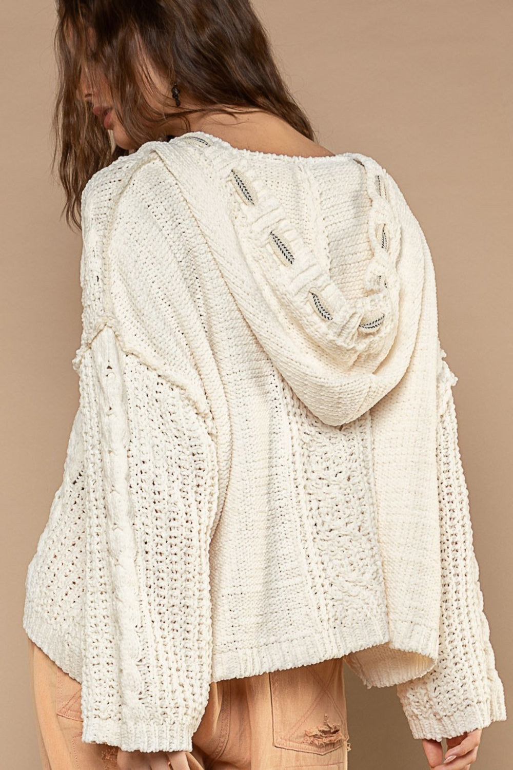 Cable Knit Hooded Chenille Sweater POL   