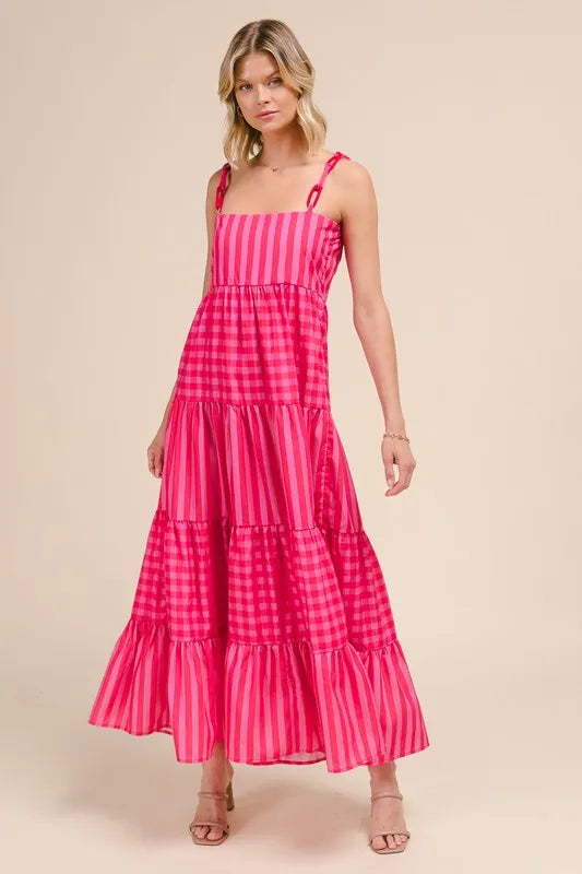 Stripe Tiered Maxi Dress with Colorful Chain Strap So Me