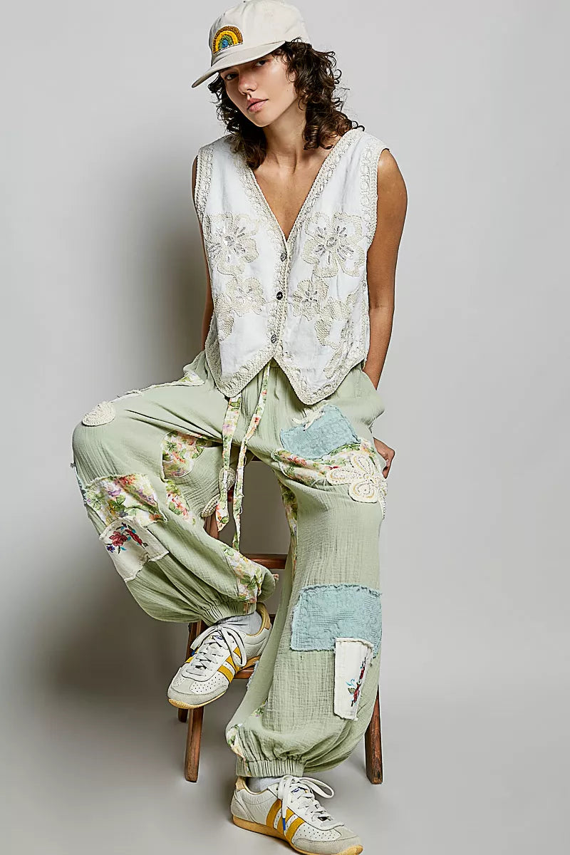 Embroidered Floral V-Neck Button Down Crochet Vest POL