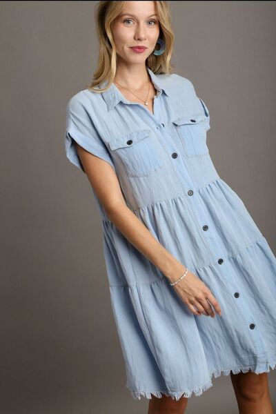 Frayed Hemline Button Down Shirt Dress Umgee