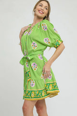 Floral Print Tie Waist Short Sleeve Dress Umgee