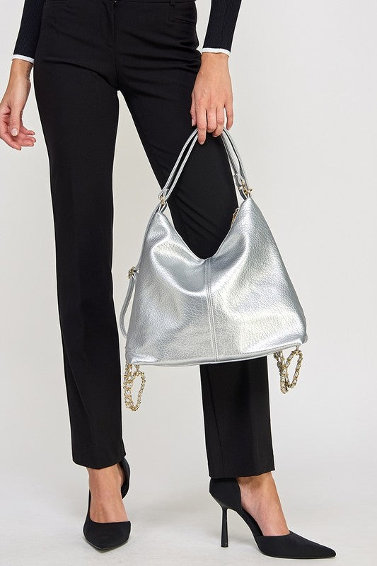 Faux Leather Hobo Bag with Gold Chain Detail Fame   