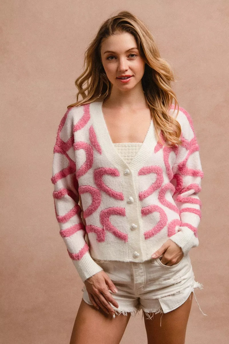 Textured Heart Buttoned V Neck Cardigan BiBi