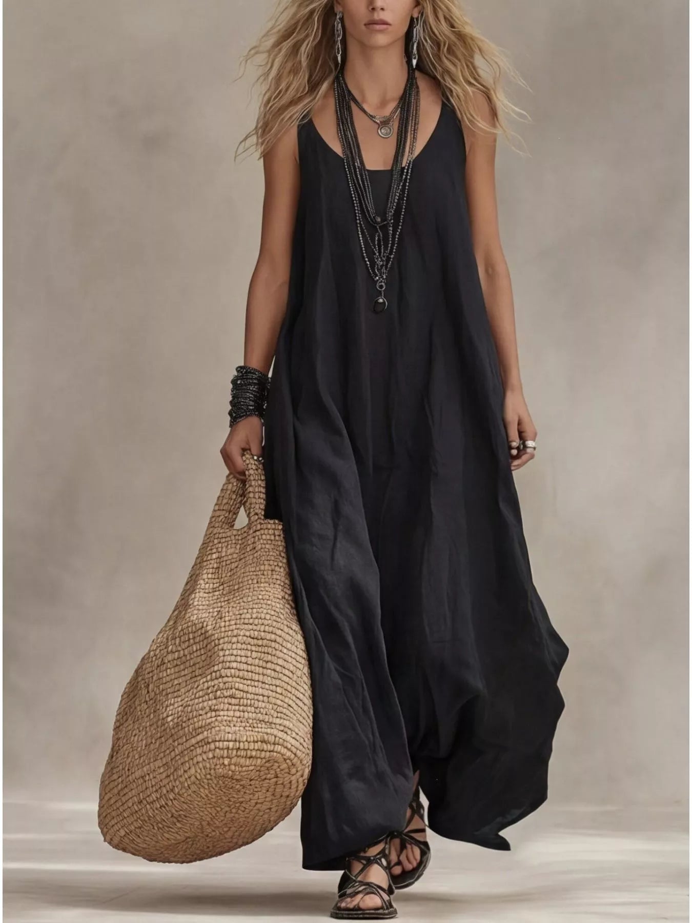 Scoop Neck Sleeveless Maxi Dress – Lightweight Casual Luxe Simmer & Fay Black S