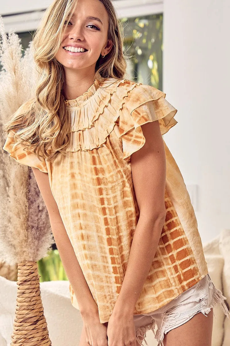 Tiered Ruffle Neck Tie Dye Top BiBi