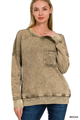 French Terry Washed Raw Edge Front Pocket Pullover ZENANA MOCHA S