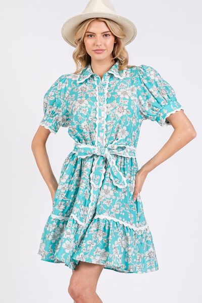 Vintage Floral Scalloped Mini Shirt Dress Sage + Fig Tiffany Blue S