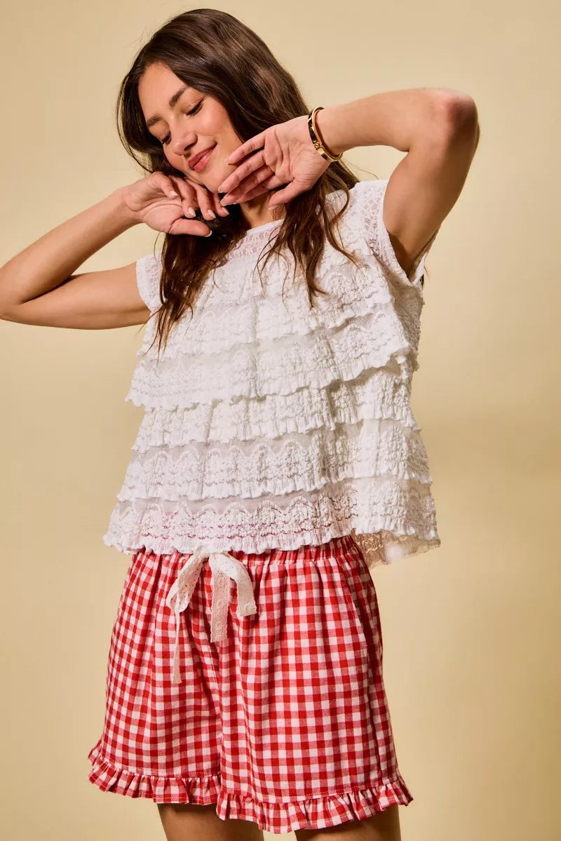 Ruffle Tiered Stretch Lace Short Sleeves Knit Top So Me