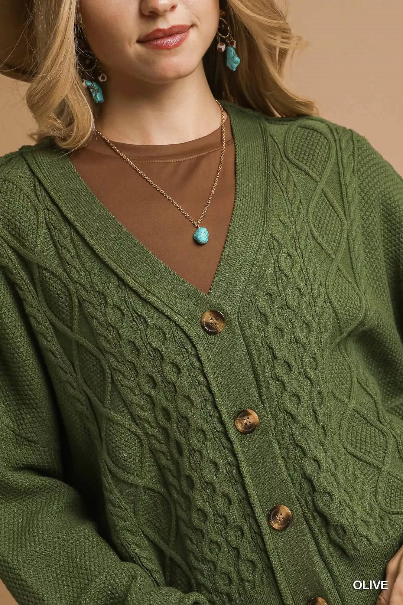 Chunky Cable Knit V-Neck Button-Up Cardigan Umgee