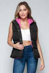 Snap and Zip Closure Hooded Vest Snobbish Black/Rose Violet S 