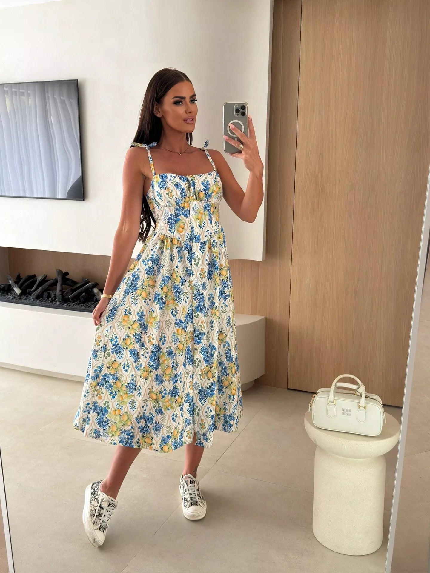 Printed Tie-Strap Midi Dress Simmer & Fay Sky Blue S