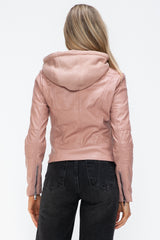 Faux Leather Zip Up Drawstring Hooded Jacket Snobbish