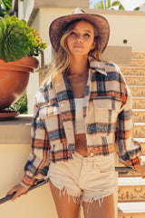 Brushed Plaid Crop Jacket with Pockets BiBi Ivory Multi S 