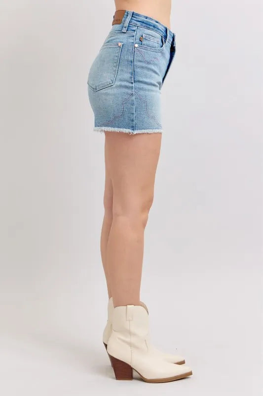 High Waist Western Embroidery Detail Cut Off Denim Shorts Judy Blue