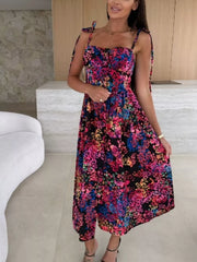 Printed Tie-Strap Midi Dress Simmer & Fay